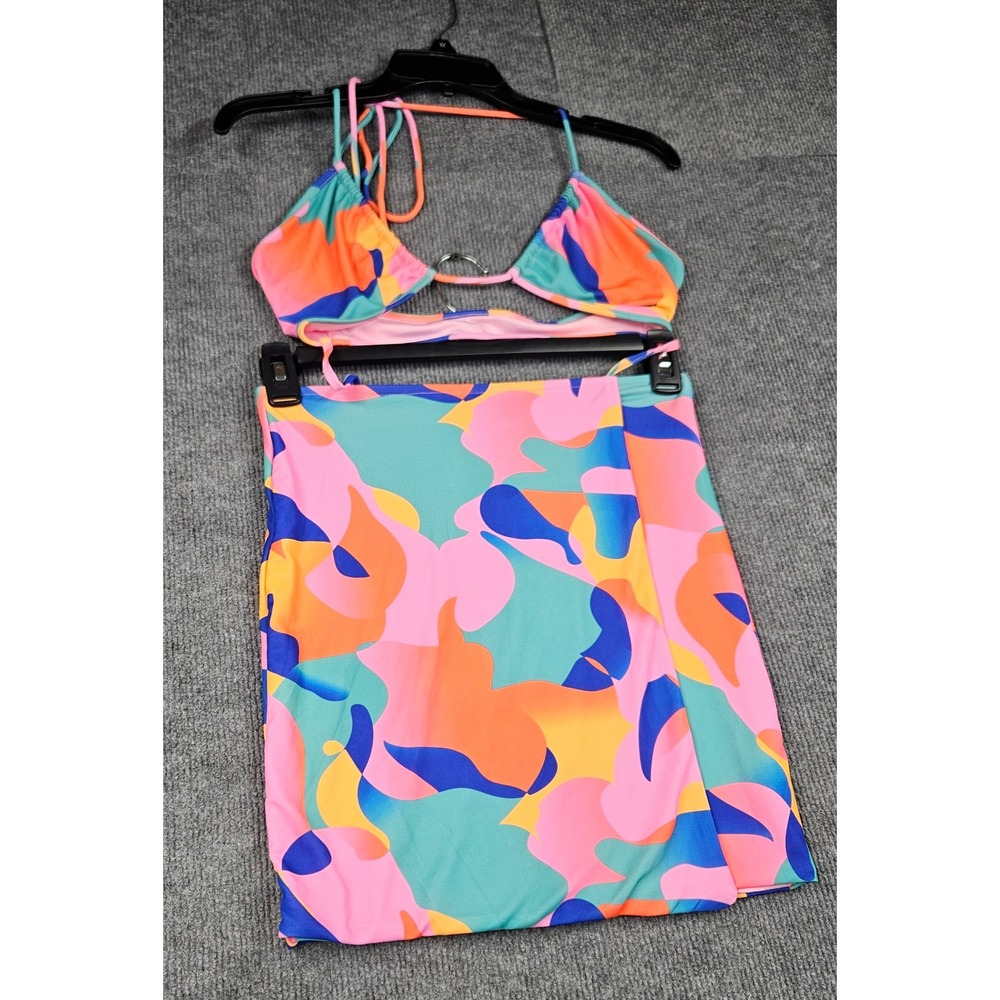 Tiger Mist 2 Piece Set Halter Top Mini Skirt Abstract Psychedelic Print Pink M